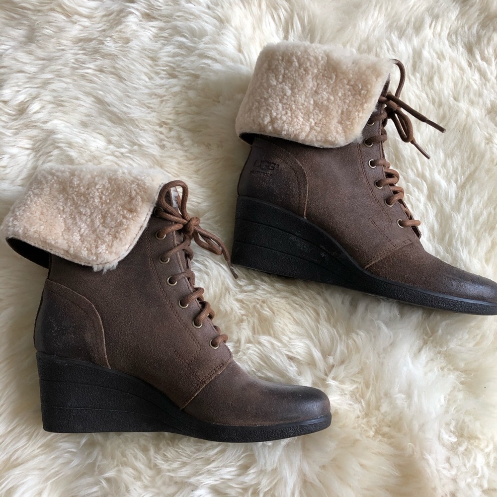 UGG waterproof shearling wedge booties
